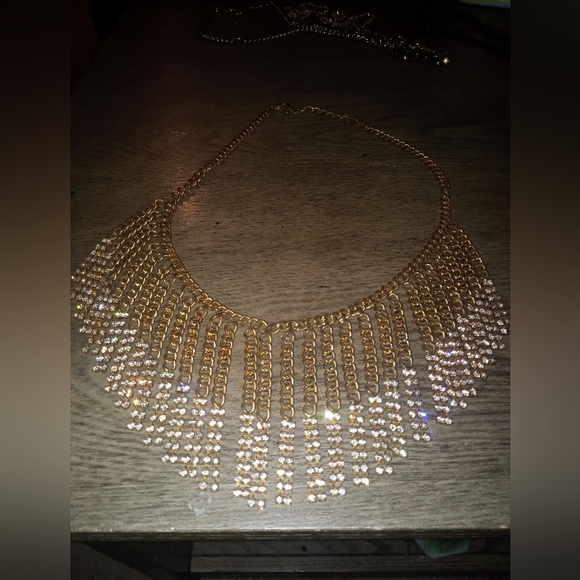 Vintage Chain Rhinestone Bib Fringe Necklace Choker - Picture 2 of 8